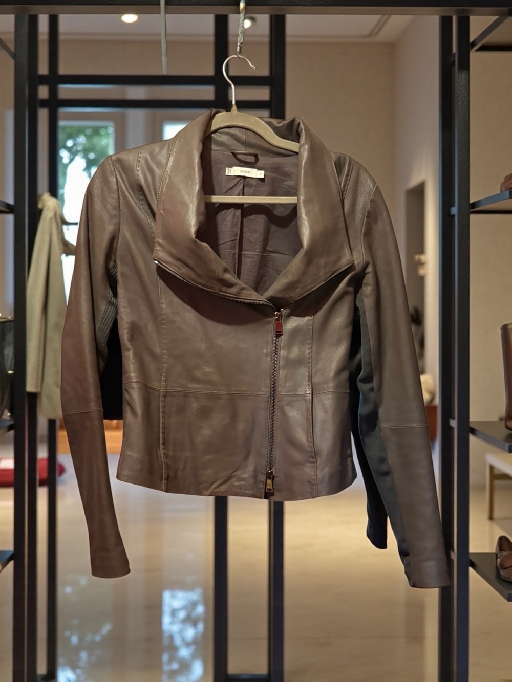 Vince Brown/taupe goat Leather Asymmetric Zip Jacket rib knit panels